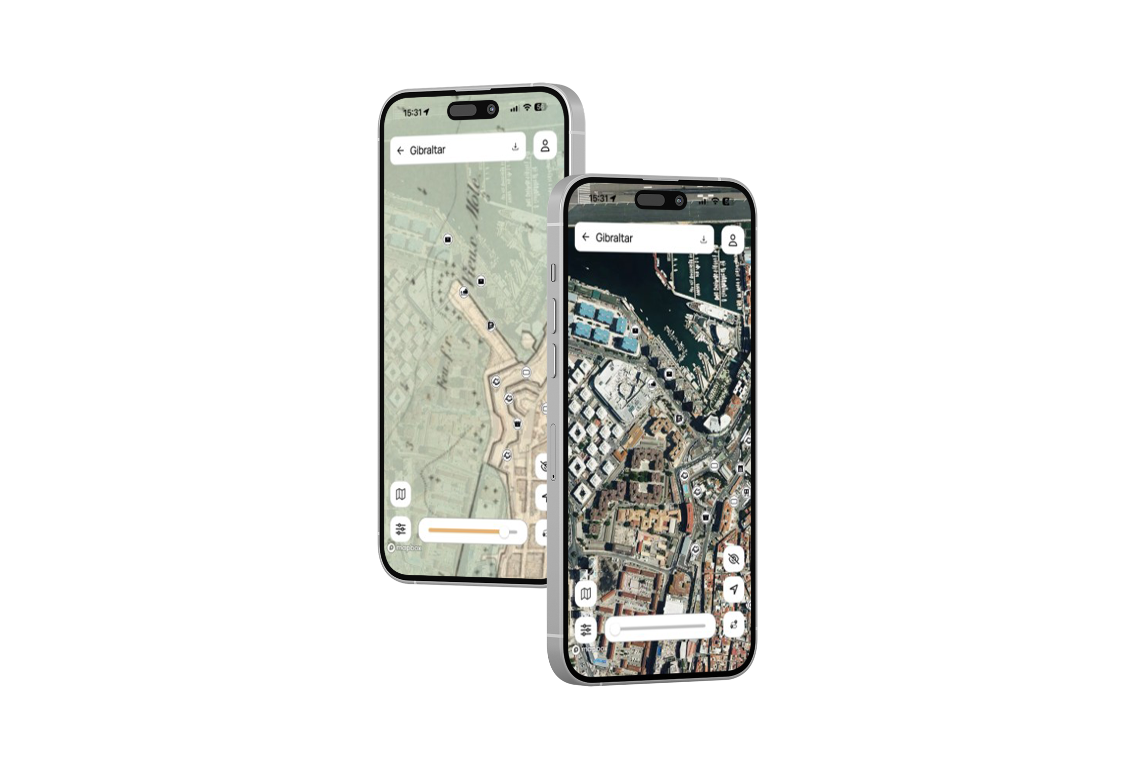 Time-mApp on two phones showing a historical and a satellite map